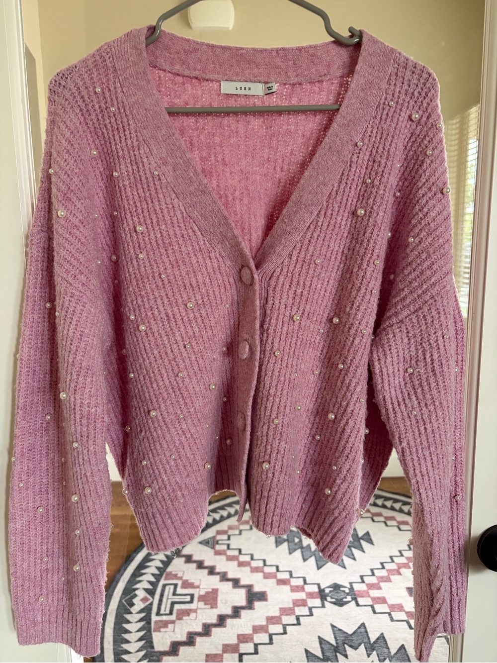 Lush Pink Pearl-Embellished V-Neck Cardigan